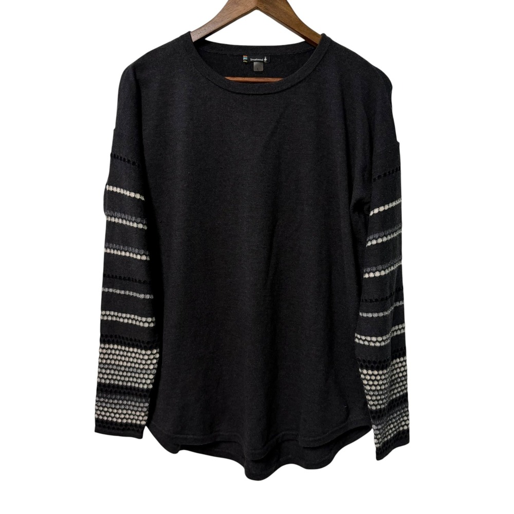 Smartwool Sweater Womens L Charcoal Gray Merino Wool Blend Striped Sleeves Layer